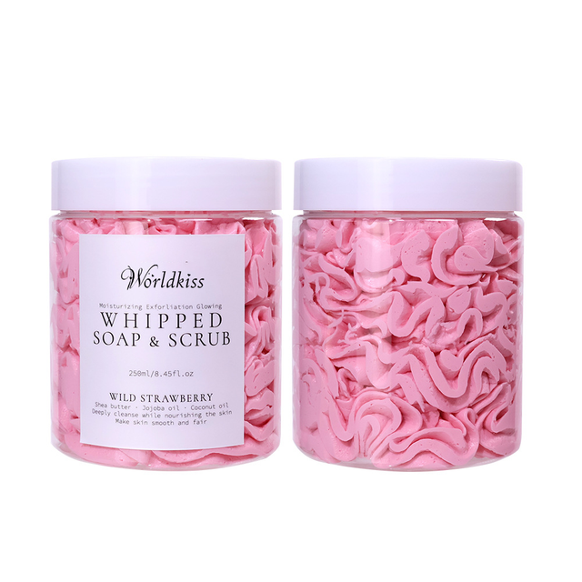 Savon de bain fouetté aux fraises sauvages, exfoliant, nettoyant, hydratant, lissant, crème pour le corps, traitement personnalisé