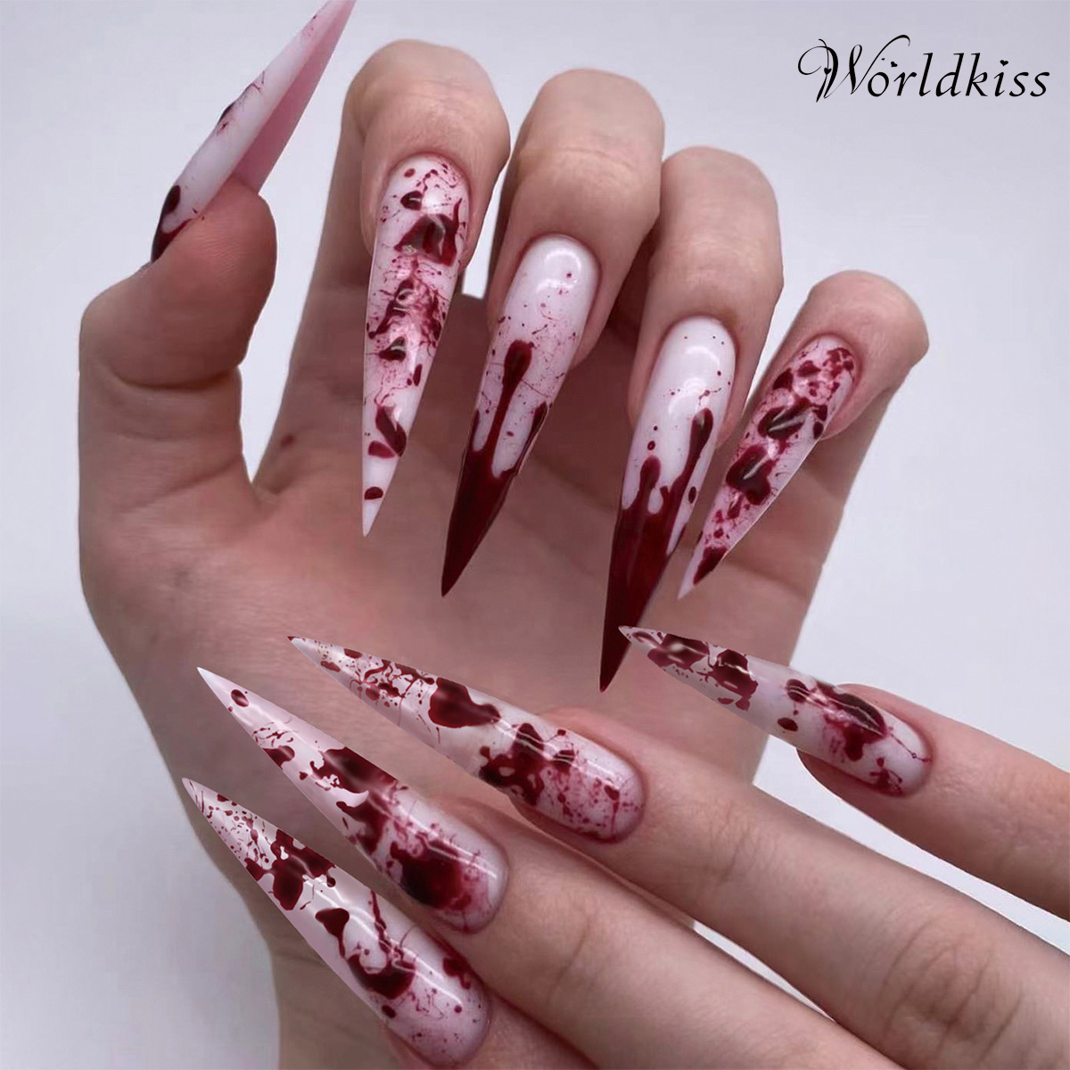 Presse de graffiti de sang d’Halloween sur les ongles – Bouts d’ongles en acrylique à talons hauts longs