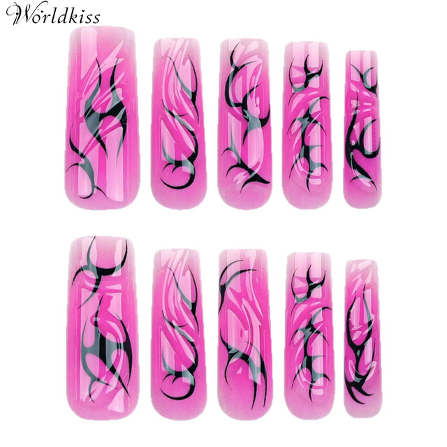 Presse 3D Y2K dégradée sur les ongles – Rose rouge et noir ondulation de l’eau longs bouts d’ongles