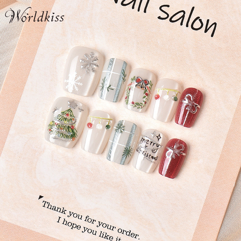 Ensemble de presse à ongles de Noël – Motif flocon de neige rouge et blanc avec colle et lime