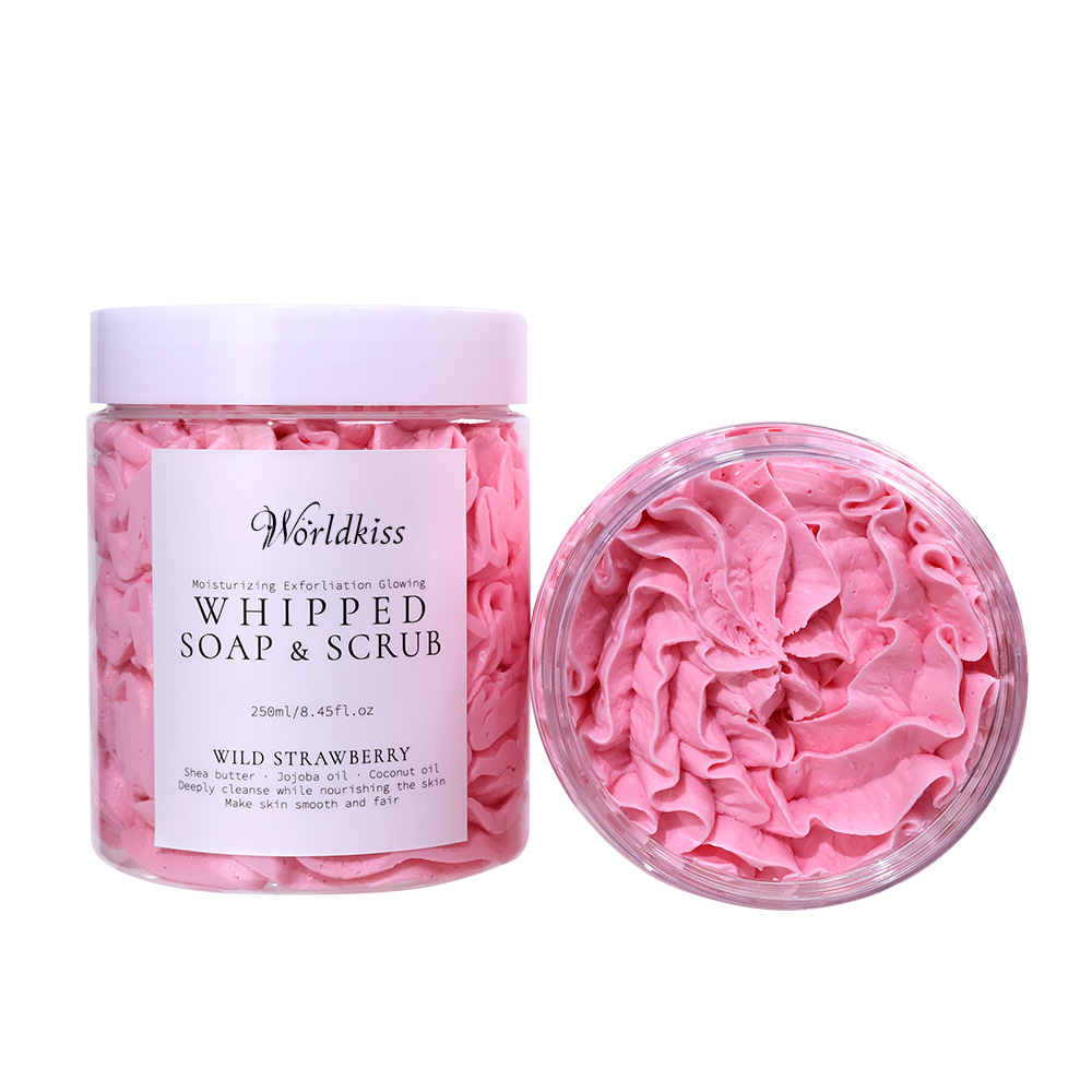 Savon de bain fouetté aux fraises sauvages, exfoliant, nettoyant, hydratant, lissant, crème pour le corps, traitement personnalisé